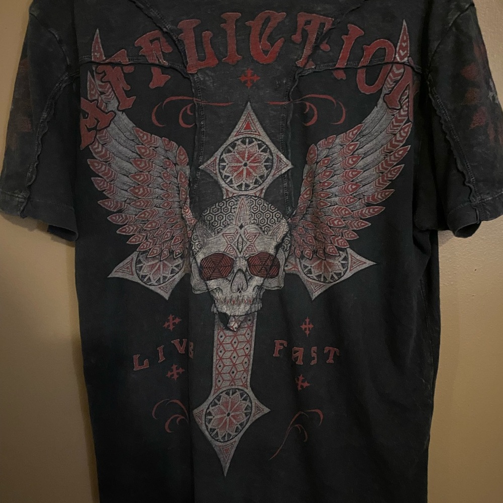 Affliction Black Graphic Tee with Red Skull Design